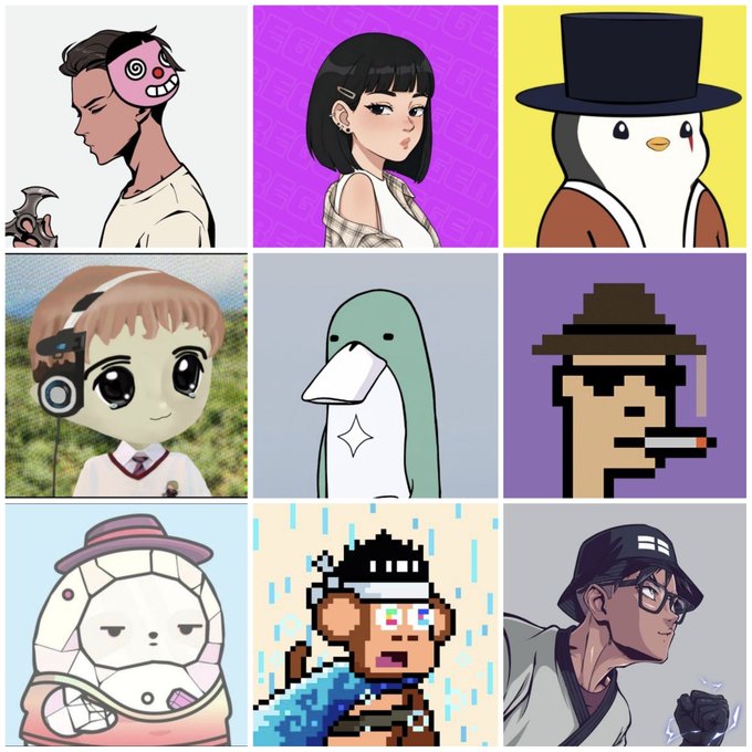 A 3x3 grid of nine varied cartoon and pixel art profile pictures including characters, animals, and stylized figures.