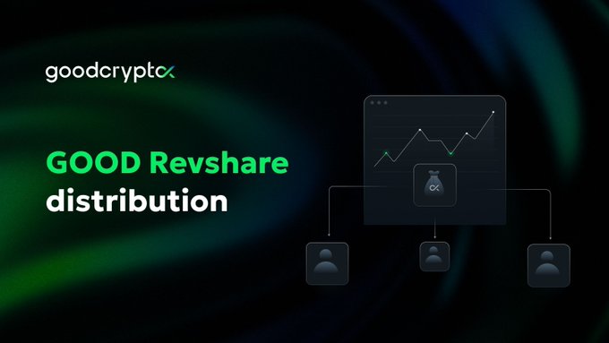 A promotional graphic for 'goodcrypto' featuring the text 'GOOD Revshare distribution' alongside illustrations of charts and user icons on a dark green background.