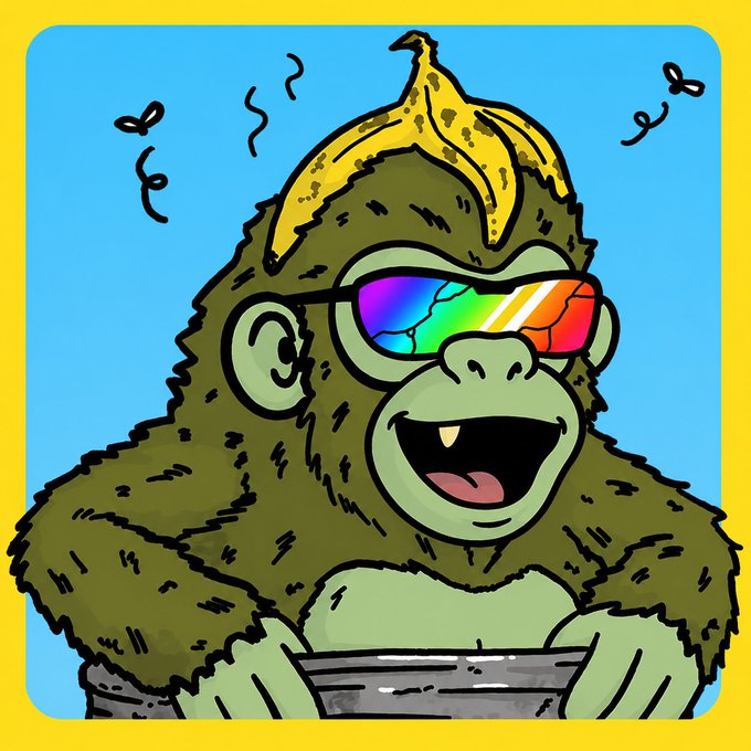 A cartoon monkey with a banana peel on its head and rainbow-tinted sunglasses grins wildly while emerging from a trash can, visually playing on the "Dumpstr" meme from the post "Pumpfun ruined Solana and Dumpstr will fix it" to humorously suggest the project will rise from the garbage to rescue the Solana ecosystem.