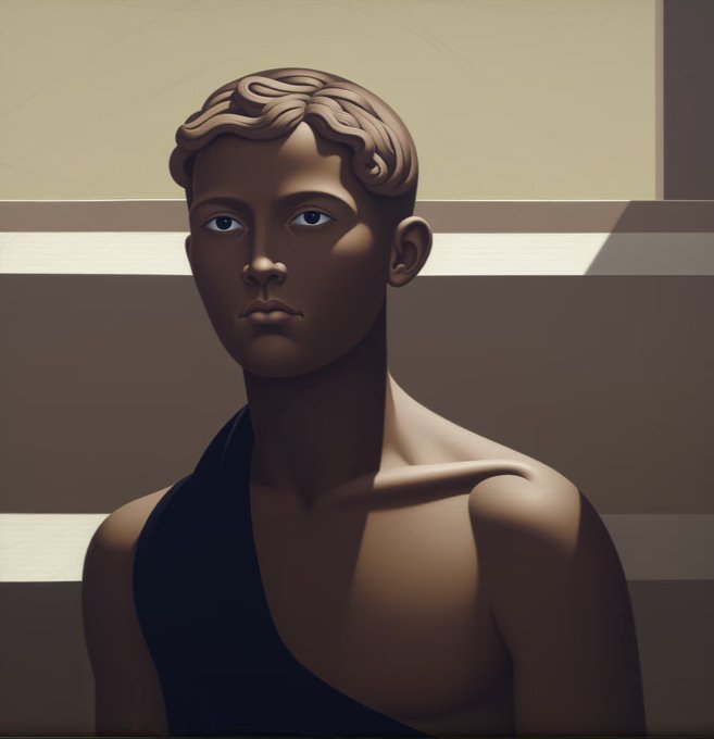 A digital illustration of a classical bust-style figure with short curly hair and a draped garment, depicted in a warm, monochromatic color palette against a striped background.