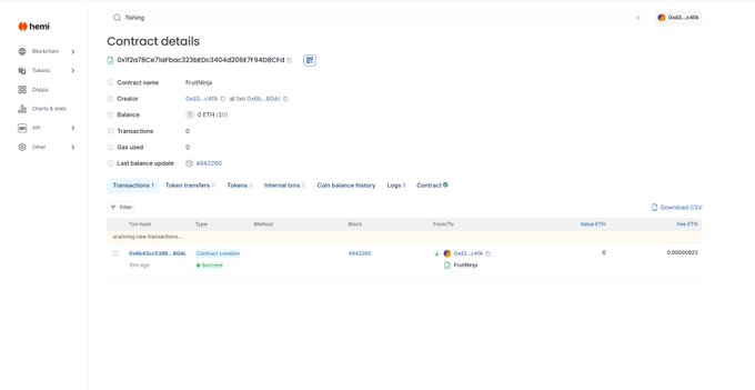 A 'hemi' blockchain explorer page showing contract details for 'FruitNinja' on the Sepolia testnet with a balance of 0 ETH.
