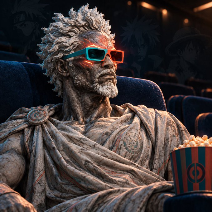 A 3D rendering of an anime character with wild white hair, red glowing face markings, and 3D glasses, sitting in a movie theater seat wearing a toga and holding a bucket of popcorn.