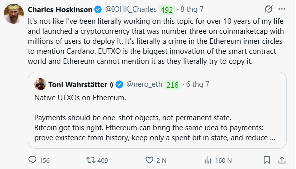 A Twitter/X post by Charles Hoskinson (@IOHK_Charles) defending Cardano's EUTXO innovation, quote-tweeting Toni Wahrstätter (@nero_eth) who discussed 'Native UTXOs on Ethereum' and Bitcoin's payment approach.