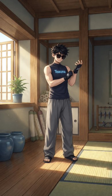 An anime-style ninja character wearing a black tank top with the text "Teaona," sunglasses, and fingerless gloves stands in a traditional dojo with tatami mats, wooden beams, and training equipment. The ninja's disciplined, "ready for battle" pose visually reinforces the post's theme of preparing for a new week of hustling in crypto-related ventures like NFTs, web3 jobs, and memecoins.