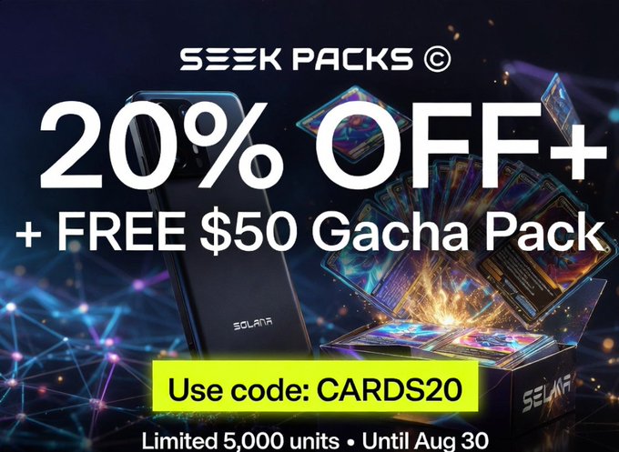 A promotional advertisement for Seeker Packs featuring a Solana mobile device and trading cards with holographic designs, offering "20% OFF + FREE $50 Gacha Pack" using code "CARDS20," limited to 5,000 units until August 30, tied to a Collector Crypt and Solana Mobile collaboration called "Seeker Summer."