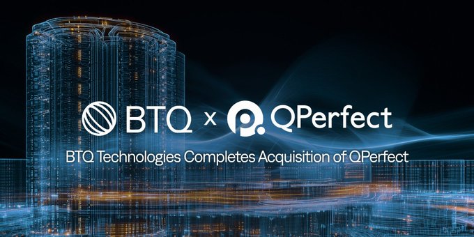 A stylized digital image features a glowing blue quantum computer tower alongside the text "BTQ x QPerfect" and "BTQ Technologies Completes Acquisition of QPerfect," visually announcing the deal mentioned in the post. The image reinforces the message that $BTQ is expanding its capabilities by integrating the software infrastructure needed to test and validate quantum systems.