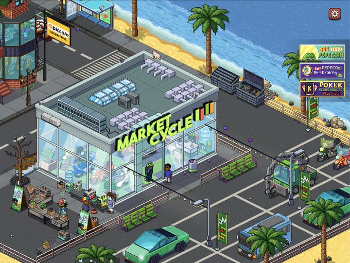 The image shows a pixel art scene of a "Market Cycle" shop on a beachfront street with visible signs advertising "$PEPE coin," "POKK DOG," and "AW FISH," alongside meme references fitting the post's pitch to Jensen Huang about integrating kek.space and $PEPECOIN into the NVIDIA ecosystem.