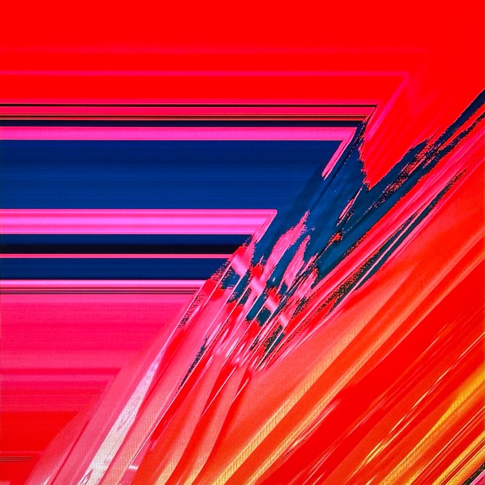 The image features a vibrant abstract painting with red, blue, and pink colors. The artwork has an unusual texture that appears to be made of lines or brushstrokes rather than paint. The painting is displayed against a red background, which contrasts with the other colors in the piece. The artist's name "LOWREZ060" can also be seen on the image.