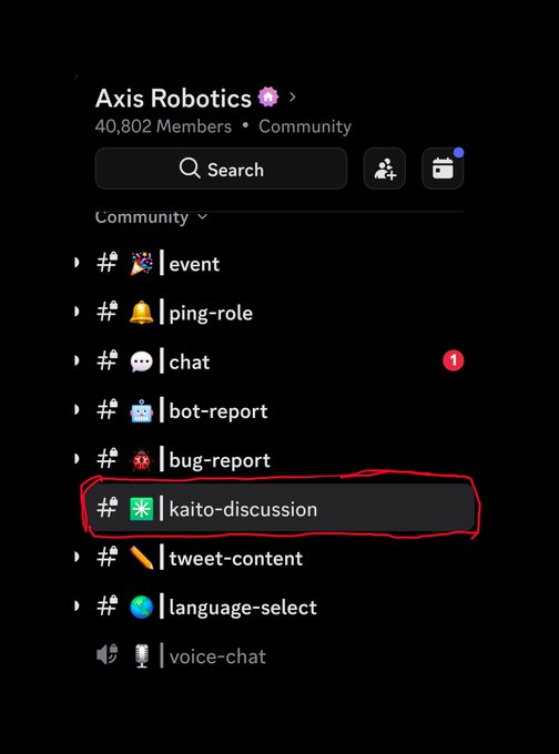 A Discord server sidebar for 'Axis Robotics' (40,802 Members), with the '#❄ kaito-discussion' channel circled in red.