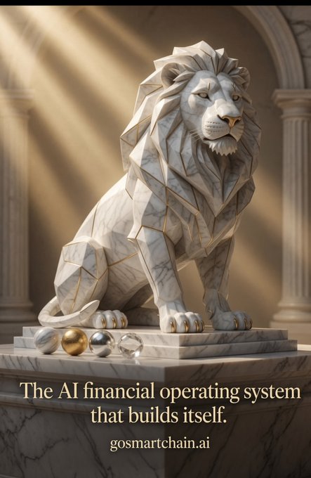 A majestic geometric marble lion statue adorned with gold accents sits on a pedestal beneath dramatic light beams, with text reading "The AI financial operating system that builds itself. gosmartchain.ai"—symbolizing strength and vigilance, much like the "Lion Agents" that autonomously guard and grow capital 24/7.