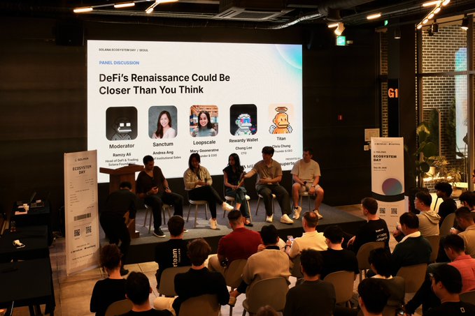 A panel discussion titled 'DeFi's Renaissance Could Be Closer Than You Think' at Korea Blockchain Week, featuring speakers Moderator Ramsey All, Sanchita, Loopscale, and Bwatch Wallet.