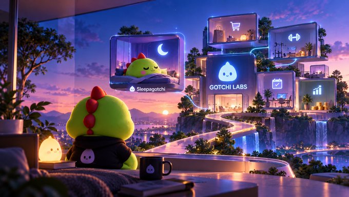 A cozy nighttime scene shows a green dinosaur-like character wearing a hoodie watching a floating display labeled 'Sleepagotchi' that connects to the 'GOTCHI LABS' building in the distance, featuring floating glass rooms with various icons.