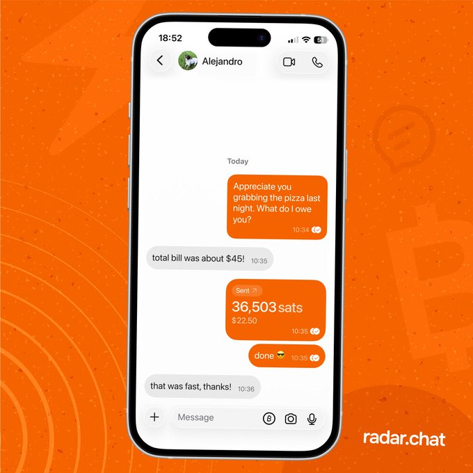 A smartphone displays a chat conversation between the user and "Alejandro," where Alejandro thanks the user for grabbing pizza and offers to pay $22.50 worth of bitcoin, shown as 36,503 sats being sent via Radar.chat. The image illustrates Breez SDK's ease of use by showing a seamless peer-to-peer bitcoin payment integrated directly into a messaging app, demonstrating how developers can embed instant Lightning payments into everyday communication.