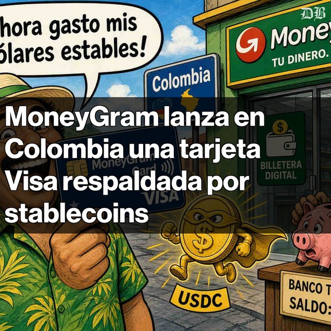 A cartoon illustration with Spanish text 'MoneyGram lanza en Colombia una tarjeta Visa respaldada por stablecoins', depicting a farmer with a MoneyGram card and a superhero USDC coin character.