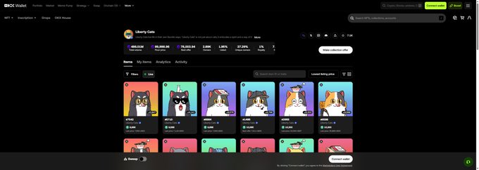 A dark-themed NFT marketplace interface displays a profile for "Liberty Cats" showing market cap stats and a grid of dog and cat NFT collectible cards.