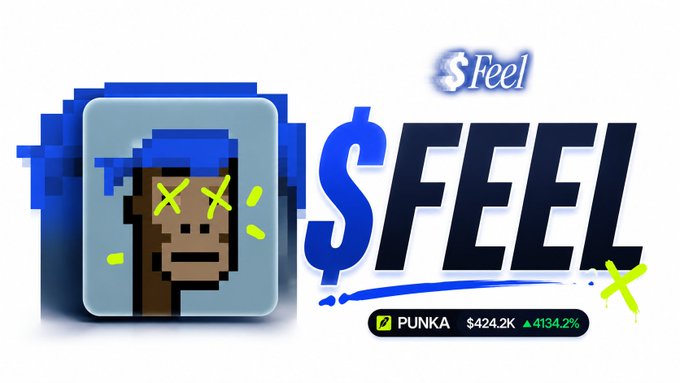 A promotional graphic for '$FEEL' token featuring a pixel-art monkey with X eyes, attributed to PUNKA with a market cap of $424.2K and a 4134.2% increase.