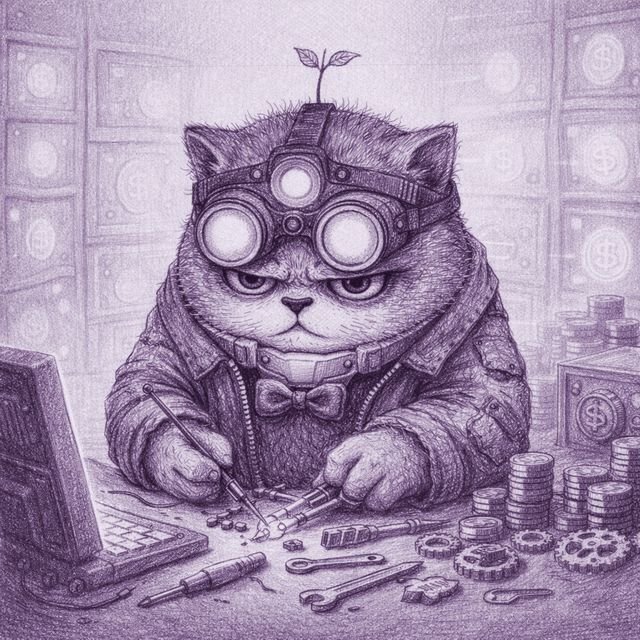 A detailed purple-tinted pencil illustration depicts a grumpy cat wearing goggles and a bow tie, working as an engineer or inventor with tools, gears, coins, and dollar signs surrounding it.