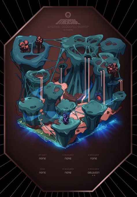 An illustrated map of 'Odiseo Swamp' (Wastes) from the game OverSoul, depicting floating mushroom-like platforms with characters and resource labels (none, alluvium).