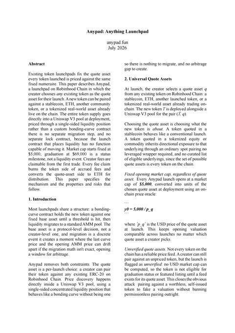 First page of an academic paper titled 'Anypad: Anything Launchpad' by anypad.run, dated July 2026, describing a token launchpad model where the creator selects a quote asset (stablecoin, ETH, or tokenized real-world asset).