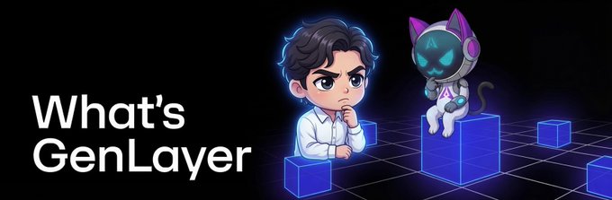 The image features the text "What's GenLayer" alongside a cartoon avatar of a person in a white shirt and a futuristic cat-like robot character, both sitting on glowing blue cubes in a dark, grid-patterned digital environment.

This image likely serves as a thumbnail or banner introducing GenLayer, suggesting the post will explore how this platform addresses prediction market challenges—using AI-driven interpretation to resolve ambiguities that traditional smart contracts and platforms like Polymarket struggle with.