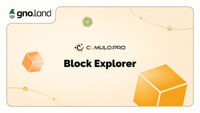 A graphic displaying the 'gno.land' logo, 'CUMULO.PRO' branding, and the text 'Block Explorer' over a cream background with orange 3D cubes.