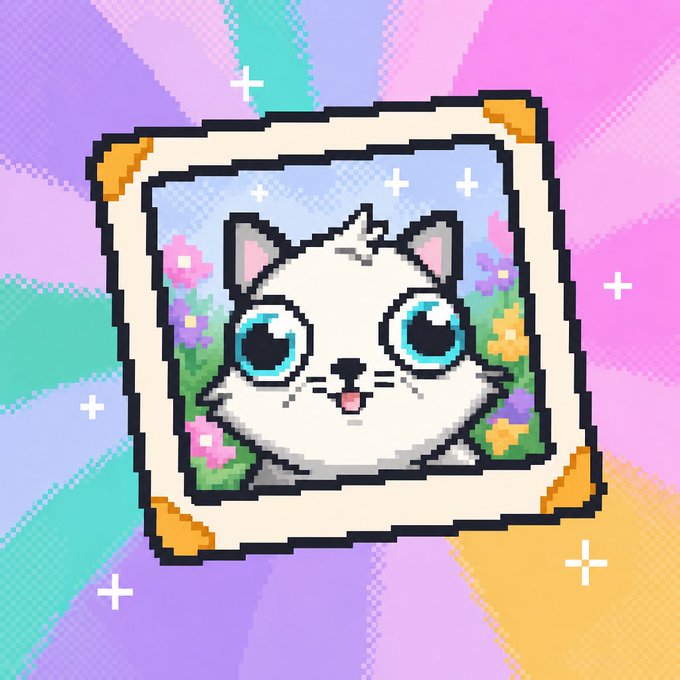 A pixel art illustration of a cute white cat with big blue eyes in a Polaroid-style frame, surrounded by colorful flowers on a pastel radial background with sparkle accents.