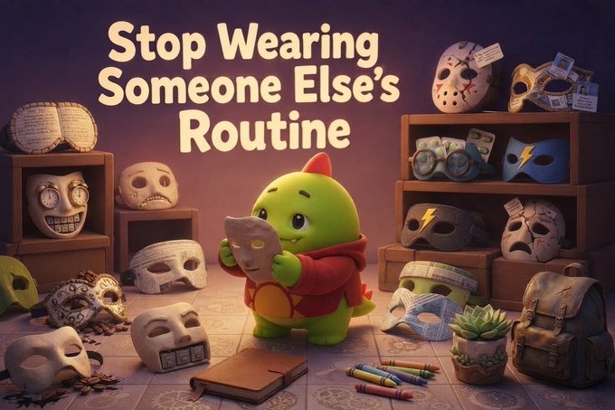 A 3D-rendered illustration of a small green dinosaur-like creature holding a mask, standing in a room full of shelves with various masks, featuring the text "Stop Wearing Someone Else's Routine".
