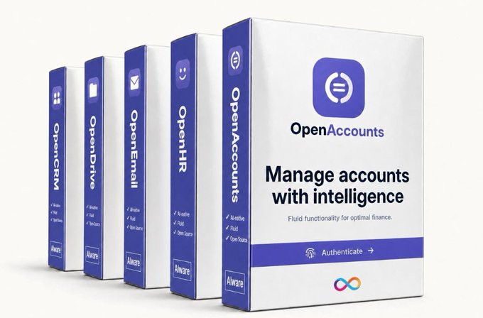 A 3D product mockup showing software boxes for 'OpenCRM,' 'OpenDrive,' 'OpenEmail,' 'OpenHR,' and 'OpenAccounts,' with the front box displaying 'Manage accounts with intelligence' and an 'Authenticate' button.
