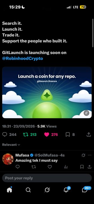 A screenshot of a social media post announcing 'GitLaunch is launching soon on @RobinhoodCrypto' with an image reading 'Launch a coin for any repo. gitlaunch.finance', dated 23/09/2026.
