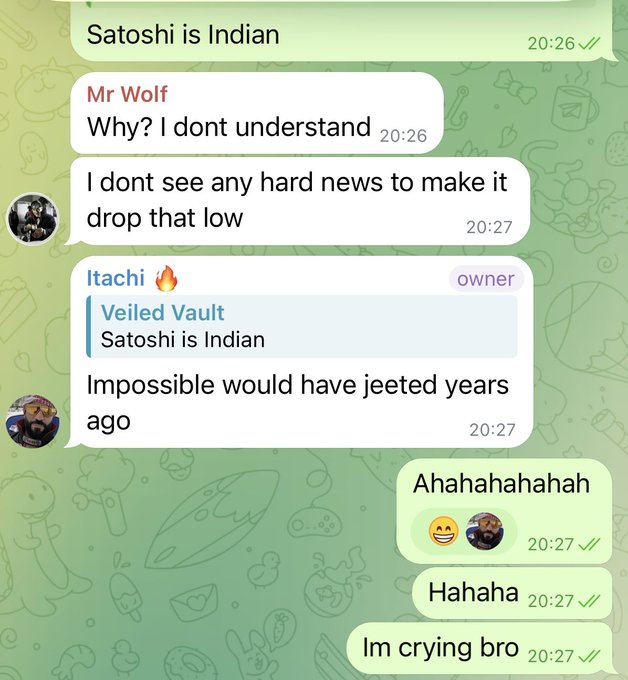 A WhatsApp group chat shows users discussing cryptocurrency, with one message reading "Satoshi is Indian" followed by laughter and disbelief, including a reply "Impossible would have jeeted years ago" at 20:26-20:27, commenting on the speculative claim about Bitcoin's creator.