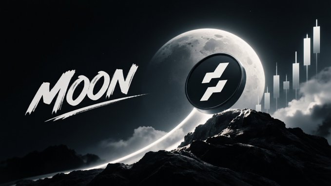 A dark, dramatic digital artwork featuring the word 'MOON' in stylized text next to a logo with an 'H' symbol, set against a full moon with candlestick charts and rocky terrain.