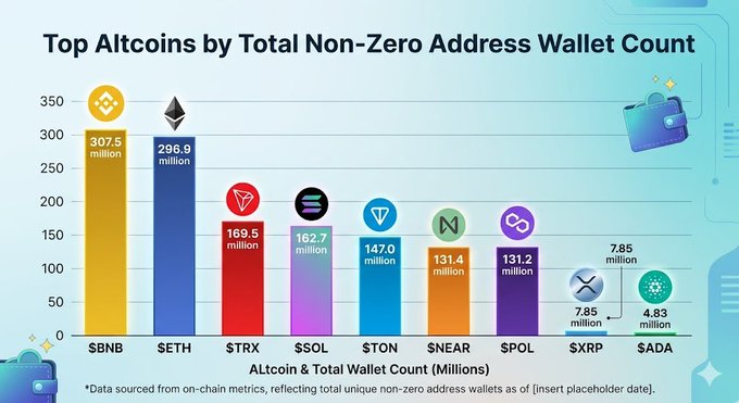The image displays a bar graph comparing the number of Altcoins by Wallet Count, including Bitcoin (BTC), Ripple (XRP), and Litecoin (LTC). The bars represent different Altcoins such as Bitcoin (BTC) with a blue colorbar on top, Ripple (XRP) with an orange colorbar at the bottom right corner, and Litecoin (LTC) with a purple bar. The graph indicates that Bitcoin has the most Altcoins by Wallet Count, followed by Ripple and then Litecoin.