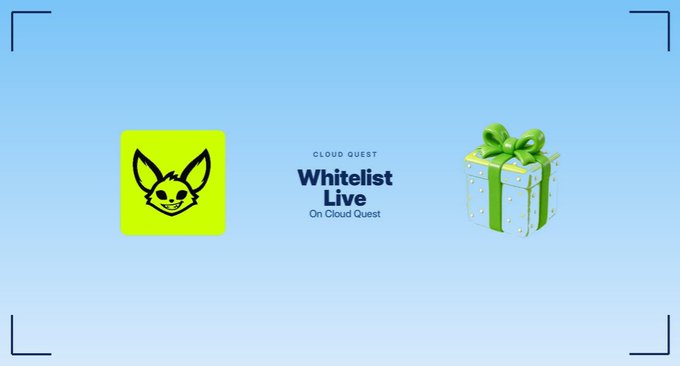 A promotional graphic on a light blue background announces the Vaultlings NFT whitelist, featuring a lime green icon with a stylized fox-like mascot on the left, the text "CLOUD QUEST Whitelist Live On Cloud Quest" in the center, and a decorative gift box with a green ribbon on the right—visually reinforcing the giveaway of 2,265 free NFTs launching on Robinhood Chain.