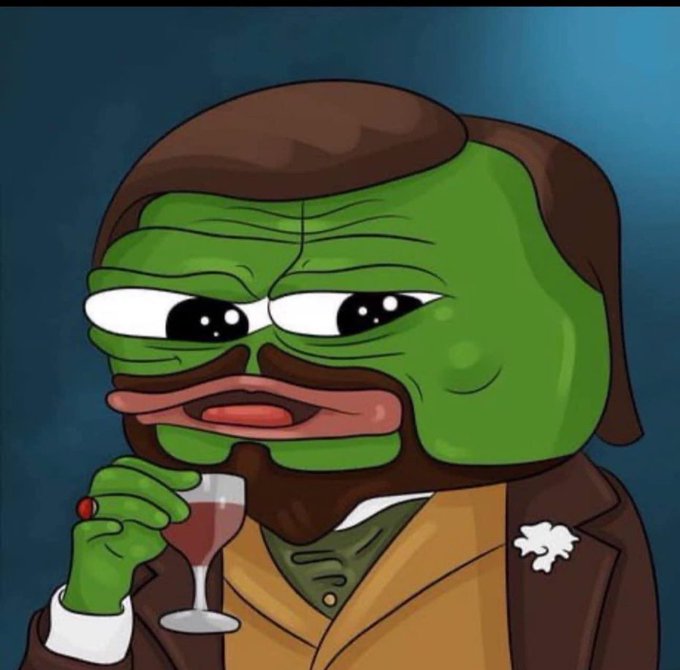 A digital cartoon illustration features a Pepe the Frog character depicted as a sophisticated bearded gentleman holding a glass of red wine.