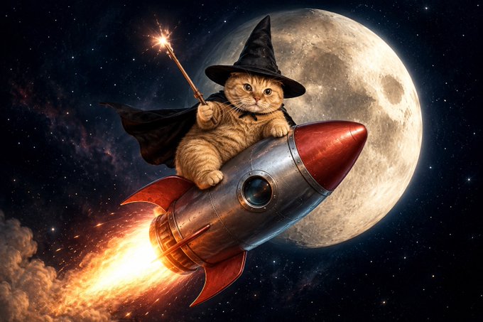 A whimsical digital artwork depicts a tabby cat wearing a black witch's hat and cape, riding a red and silver rocket through space past a large moon, holding a glowing magic wand.