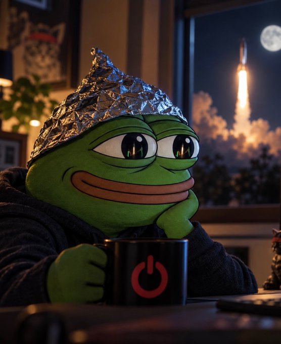 A green Pepe the Frog character wearing a tinfoil hat and a black robe, holding a black mug with a red power button symbol, while a rocket launches with a full moon in the background.