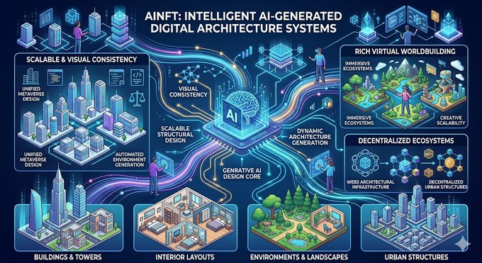 The image features a large, colorful illustration depicting various buildings and structures within a digital environment. The buildings are interconnected by blue lines, creating an intricate network of architectural elements. The caption below the image reads "AINFT intelligent AI-generated digital architecture systems Digital architecture is becoming an essential component of immersive metaverse ecosystems where virtual environments require scalable structural design and visual consistency". This suggests that the illustration may be related to a discussion or exploration of how AI can be used in creating immersive, realistic digital environments.