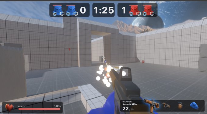First-person shooter video game showing a blue team vs red team matchup (0-1) with 1:25 on the clock, holding an Assault Rifle (22/30 ammo) at 100% health.