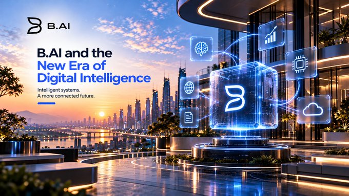 A promotional banner for 'B.AI and the New Era of Digital Intelligence' featuring a glowing blue cube with the B.AI logo, floating icons of technology symbols, and a futuristic cityscape at sunset.