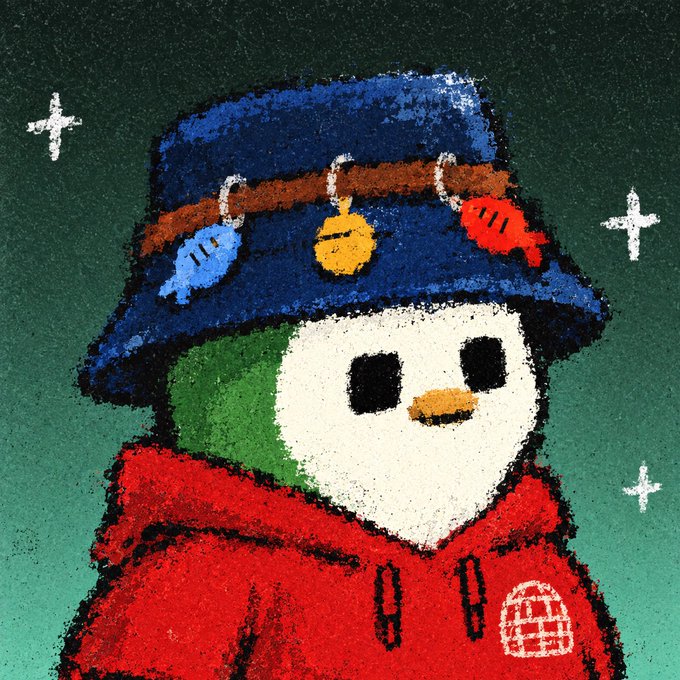 A textured, painted illustration depicts a cute snowman-like character wearing a blue bucket hat decorated with fish ornaments and a red hoodie.
