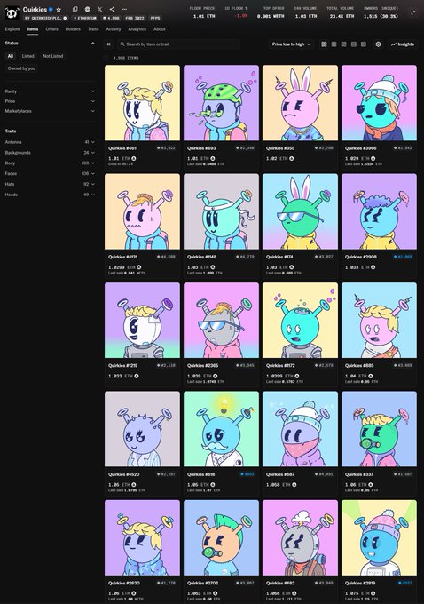 The image shows a Quirkies NFT marketplace on OpenSea, displaying various colorful cartoon-style character collectibles (Quirkies) with floor prices ranging from approximately 1.019 ETH to 1.066 ETH, with total volume of 34.480 ETH and 1,515 owners. The screenshot supports the post's bullish sentiment by showing the collection maintaining a floor price above 1 ETH despite market conditions, reinforcing confidence in the project's resilience.