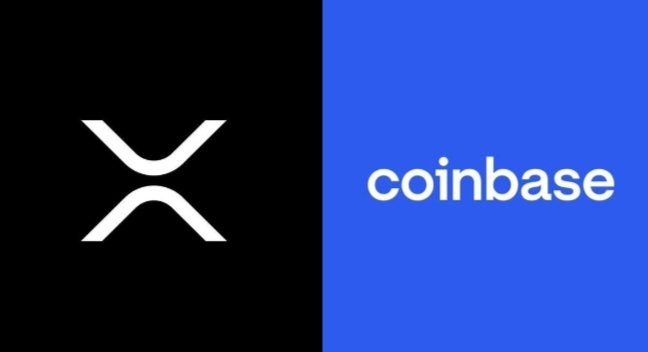 The image displays the logos of XRP (the white "X" symbol on a black background) and Coinbase (white text on a blue background), visually representing the relationship mentioned in the post about Coinbase's newly identified holdings of 5.68 billion XRP across 152 wallets.