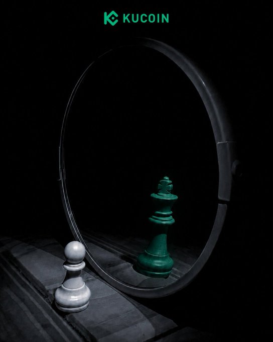 A white pawn and its reflection as a powerful green king chess piece are shown in front of a mirror, under the "KUCOIN" logo, illustrating the trading message that real success comes from envisioning the final outcome rather than focusing on the initial position.