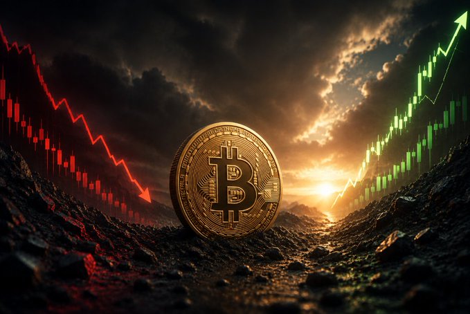 A Bitcoin coin placed between red and green candlestick chart arrows showing a downward trend and an upward trend against a dramatic sunset sky.