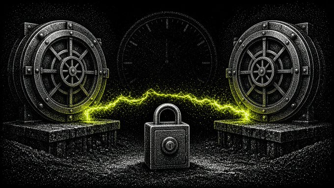 A dark, textured illustration of two large metal vault doors with green electrical energy arcing between them toward a central padlock.