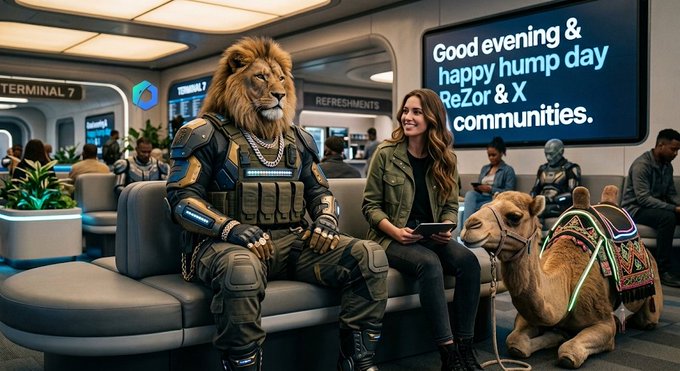 An AI-generated scene showing an anthropomorphic lion in tactical gear sitting next to a woman and a camel in what appears to be a terminal, with a screen reading 'Good evening & happy hump day ReZor & X communities.'