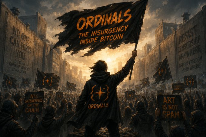 An AI-generated protest scene features a person holding a flag reading 'ORDINALS THE INSURGENCY INSIDE BITCOIN' with banners including 'NO ONE CAN FORGE YOU' and 'ART IS NOT SPAM'.