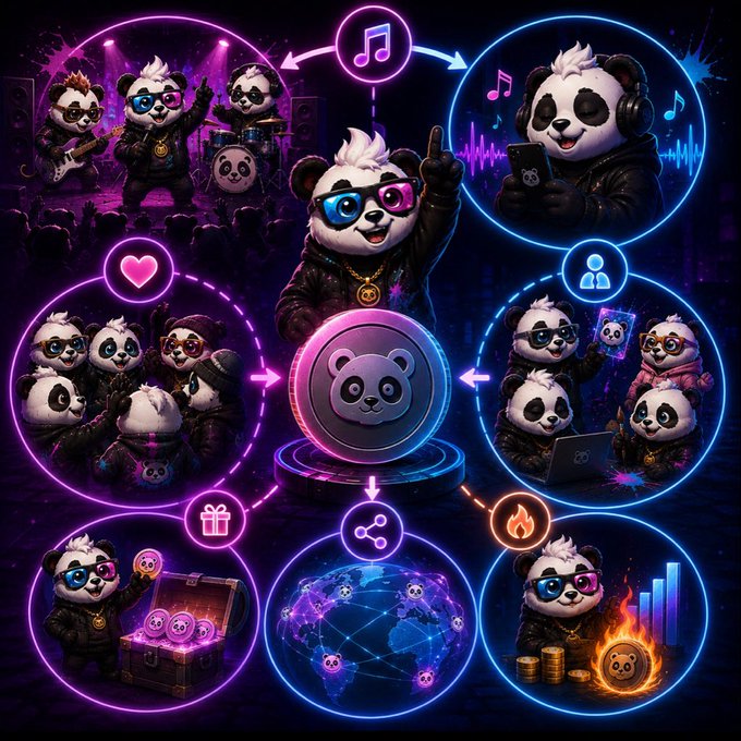 A neon-lit infographic showcases a panda band's ecosystem, featuring a central panda DJ character surrounded by circular panels depicting live concerts, streaming music with headphones, engaged fans, treasure chests of NFTs, a global network map, and growing revenue charts, visually reinforcing the message that the $BAM token is just one element of the broader Bambitz Records music and community experience.