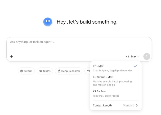 A screenshot of an AI chat interface showing the greeting "Hey, let's build something" with model options including "K3 · Max," "K3 Swarm · Max," and "K2.6 · Fast," where "K3 · Max" is currently selected as the "flagship all-rounder." This relates to the post "Got Kimi K3" by confirming access to the new flagship K3 Max model through the platform's model selector.