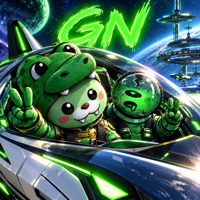 A digital illustration featuring two green cartoon characters, including a dinosaur and a robot, in a futuristic spaceship with "GN" displayed in glowing green letters against a space backdrop.